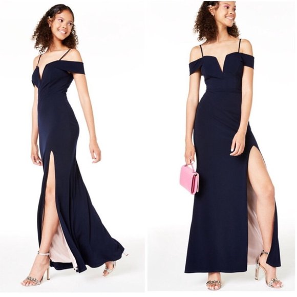 Dark Navy Off the Shoulder Side Slit Formal Dress - Picture 1 of 13